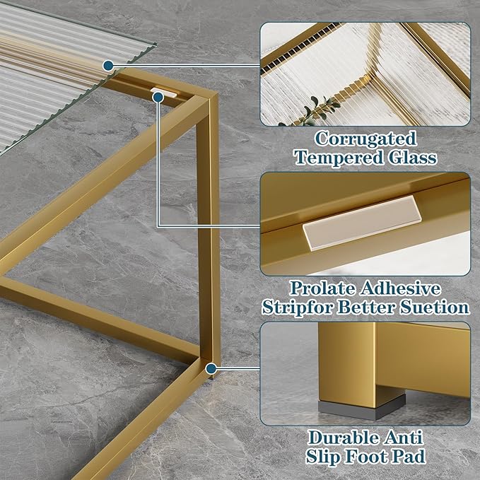 Glass Coffee Table Modern Center Table,Minimalist Coffee Table Sofa Side Tea Table for Living Room,Tempered Glass-top with Sturdy Metal Frame, Easy Assembly,26.4 x 26.4 x 15.7 Inches, Gold