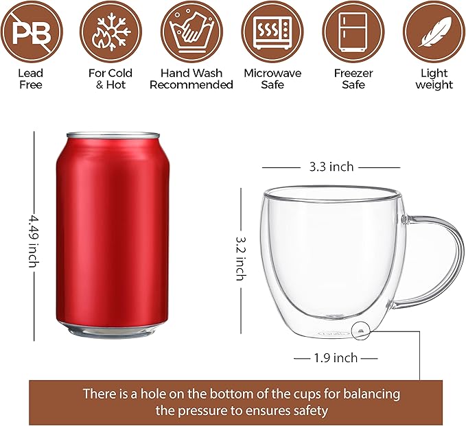 CNGLASS 8.5oz Glass Coffee Mug,Double Wall Insulated Glass Mugs with Handle,Clear Espresso Mugs for Latte,Cappuccino,Tea Bag,Set of 4