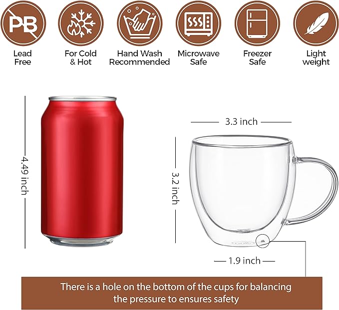 CNGLASS Double Wall Glass Coffee Mugs with Handle,8.5oz Clear Insulated Glass Espresso Cups for Hot and Cold Beverages,Latte,Cappuccino,Set of 2