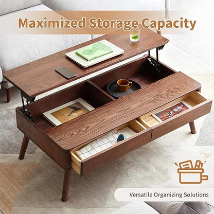 Wood Lift Top Coffee Table, 100% Solid Oak Wood Small Rising Dining Center Tables with Storage Shelf and Hidden Compartment for Living Room 48D x 26W x 26H
