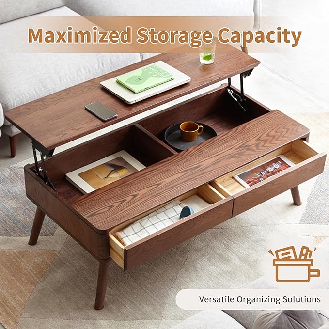 Wood Lift Top Coffee Table, 100% Solid Oak Wood Small Rising Dining Center Tables with Storage Shelf and Hidden Compartment for Living Room 40D x 22W x 26H