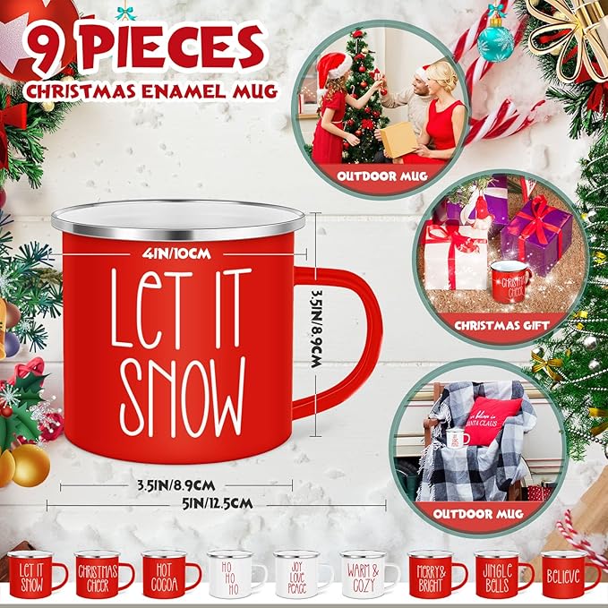 Sieral 9 Pcs Christmas Enamel Coffee Mugs 12 oz Winter Holiday Mugs with Quotes Seasonal White and Red Christmas Party Favor Cups Funny Novelty Xmas Coffee Cups for Women Men Coworkers Office
