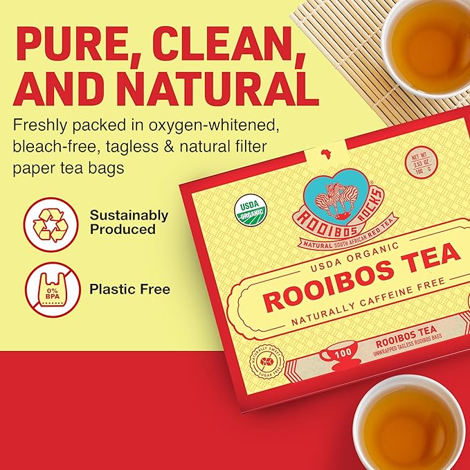 Organic Red Rooibos Tea Bags 100 Count - Naturally Sweet Herbal Tea Safe for Children & Pregnant Women - Low Tannin, Premium South African Caffeine Free Tea Bags Sustainably & Ethically Farmed