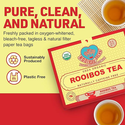 Organic Red Rooibos Tea Bags 100 Count - Naturally Sweet Herbal Tea Safe for Children & Pregnant Women - Low Tannin, Premium South African Caffeine Free Tea Bags Sustainably & Ethically Farmed