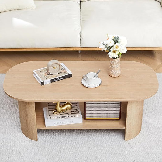 43.3” Oval Coffee Tables for Living Room, Wood Farmhouse Coffee Table with Storage, 2-Tier Center Table with Storage Shelf Low Tea Table for Small Space, Home, Office (Natural)