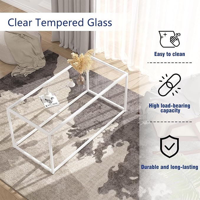 Coffee Table Glass Center Table,Modern Minimalist Coffee Table for Living Room,Tempered Glass-top with Sturdy Metal Frame, Easy Assembly,39.4 x 18.9 x 17.7 Inches,White