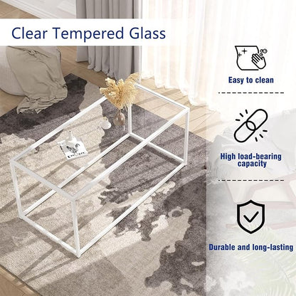Coffee Table for Living Room, Glass Coffee Tables, Modern 39.4" Center Table for Small Space, Apartment, Office Living Room Home, Rectangular Coffee Table with Clear Glass Top & Metal Frame, White