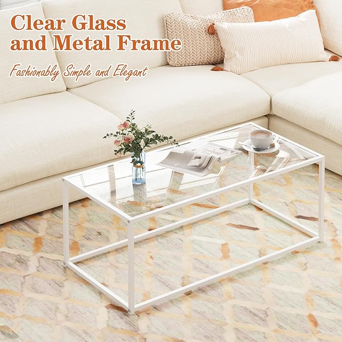 Coffee Table for Living Room, Glass Coffee Tables, Modern 39.4" Center Table for Small Space, Apartment, Office Living Room Home, Rectangular Coffee Table with Clear Glass Top & Metal Frame, White
