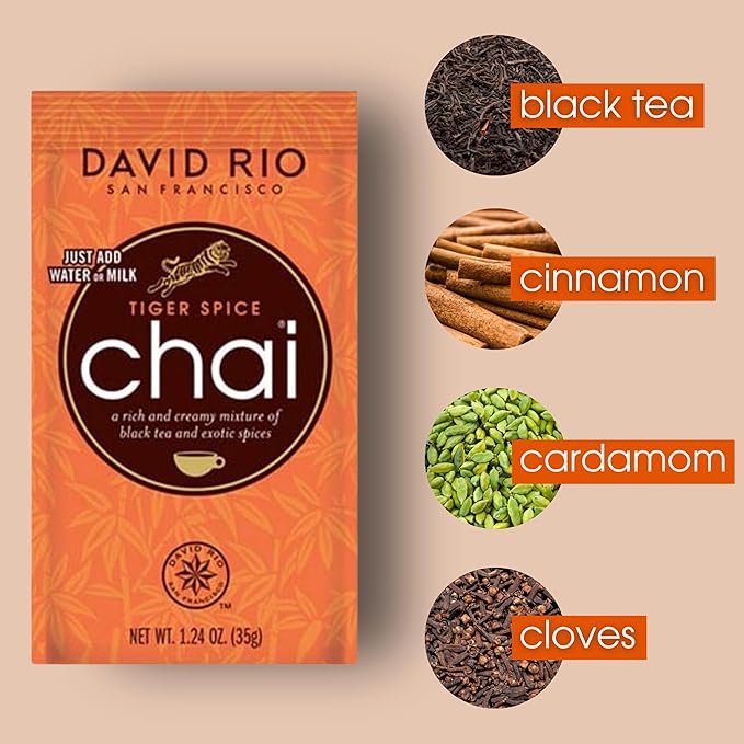 Tiger Spice Chai Tea Latte Mix, 1.24 Oz (Pack of 48), Single Serve Packets, Black Tea, Organic Spices, Dairy Free, Serve Hot or Cold, Just Add Water or Milk
