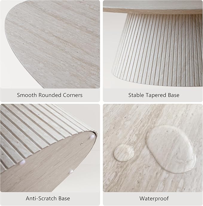 win2win Oval Coffee Table, Modern Faux Stone Coffee Table with Fluted Design, Travertine Tea Table with Tapered Base, Minimalist Center Table for Living Room, Apartment, Office, Stone