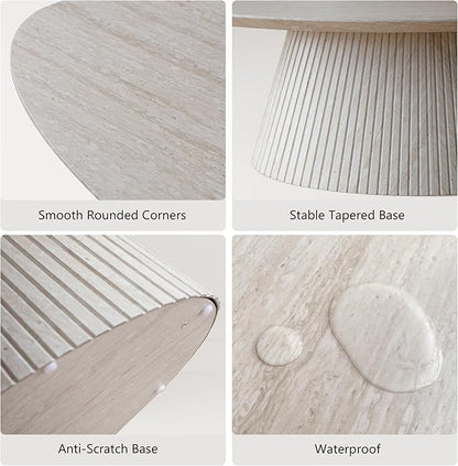 win2win Oval Coffee Table, Modern Faux Stone Coffee Table with Fluted Design, Travertine Tea Table with Tapered Base, Minimalist Center Table for Living Room, Apartment, Office, Stone