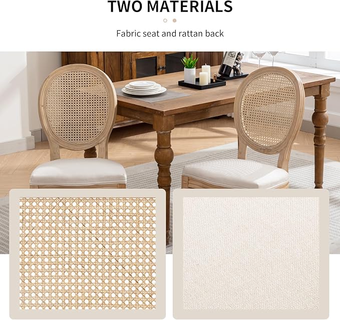 Vintage French Country Dining Chairs Set of 6, Rattan Dining Chairs with Solid Wood Legs, Beige Upholstered Dining Chair, Sillas para Comedor, Kitchen & Dining Room Chair (Beige, Rattan, 6Pcs)