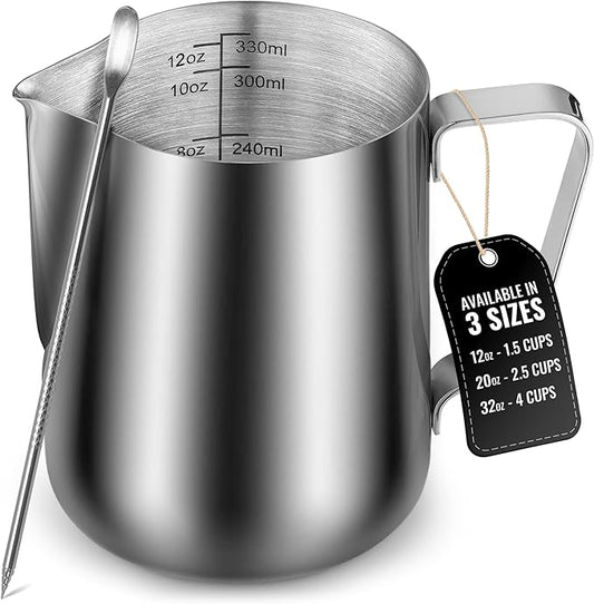 Zulay Milk Frothing Pitcher with Latte Art Pen – 12oz 20oz 32oz - Stainless Steel Frother Cup with Measurement Markings, Espresso & Coffee Accessories Creamer Jug with Laser-Welded Handle - 12 oz