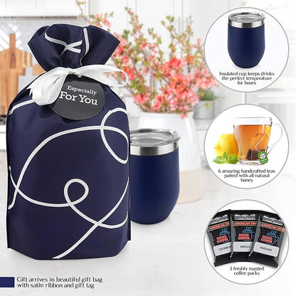 Tea and Coffee Lovers Gift Set - Includes Temperature Retention Cup, 3 Fresh Roasted Full Pot Ground-Coffee Samplers, 6 Special Blend Teabags & Honey Presented in Beautiful Gift Bag For Women & Men