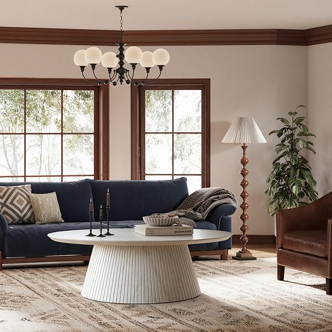 win2win Oval Coffee Table, Modern Faux Stone Coffee Table with Fluted Design, Travertine Tea Table with Tapered Base, Minimalist Center Table for Living Room, Apartment, Office, Stone