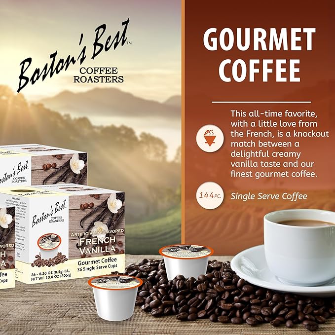 Boston’s Best - French Vanilla Medium Roast Gourmet Coffee, Delicious Flavored Compatible with Keurig Coffee Maker, 1 Count (144 Single Serve Cups)