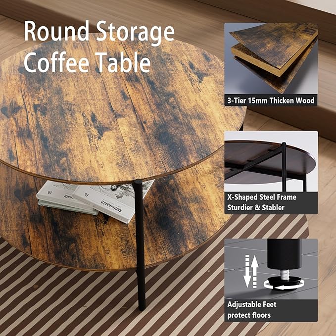 Round Coffee Table, 2-Tier 32.9" Circle Coffee Tables with Storage Wood Rustic Farmhouse Center Circular Coffee Table for Living Room Bedroom Balcony Office - Walnut