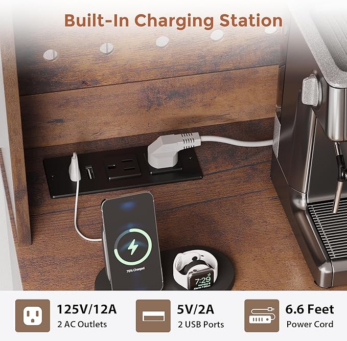 72" Coffee Bar Cabinet with Power Outlet & LED Light, Farmhouse Large Kitchen Hutch with Sliding Barn Door, Tall Bar Cabinets with Storage Drawers & Wine Glass Rack,Pantry China Cabinet,Vintage Brown