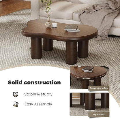 Cloud Coffee Table Modern, Irregular Shape Coffee Tables for Living Room, Simple Low Coffee Table with 4 Stable Cylindrical Legs Round Edge Design - Brown 46" W X 31" D X 15.3" H