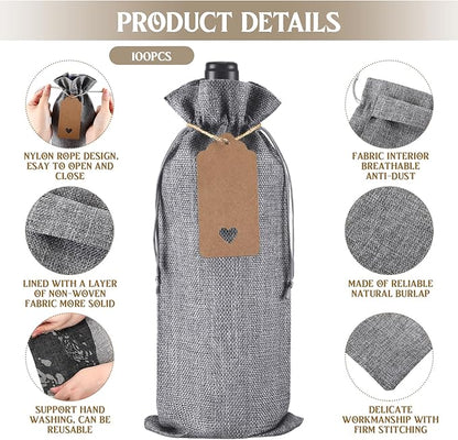 Windyun 100Pcs Burlap Wine Bags Drawstring Wine Bottle Gift Sacks with Tags 5.9 x 13.8 Inch Jute Burlap Plain Wine Bags for Wedding Birthday Blind Tastings Christmas Travel Party (Gray)