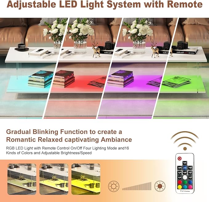 43" Acrylic Coffee Table with Wood Top, Minimalist Stylish Modern Rectangular Center Tables for Living Room, Led Living Room Table with Storage Shelf & Acrylic Frame for Small Space