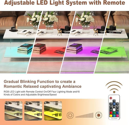 43" Acrylic Coffee Table with Wood Top, Minimalist Stylish Modern Rectangular Center Tables for Living Room, Led Living Room Table with Storage Shelf & Acrylic Frame for Small Space