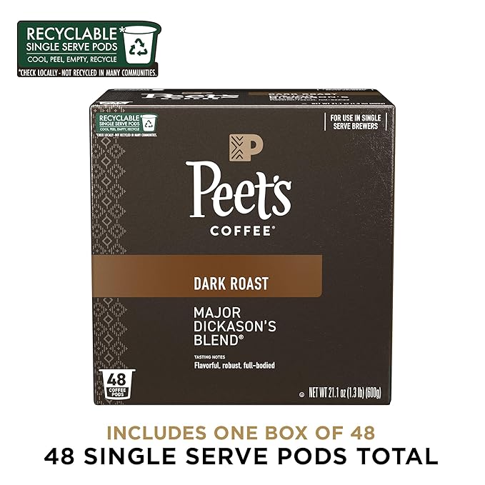 Peet's Coffee, Dark Roast Single Serve Coffee Pods - Major Dickason's Blend 48 Count (1 Box of 48 Pods)