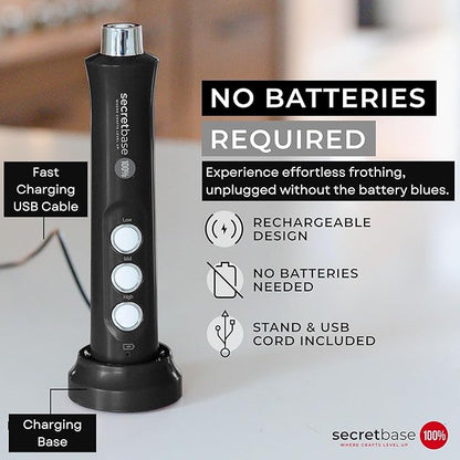 Secretbase 3 Speed Rechargeable Milk Frother and Cup Set, Cordless USB Type-C Charging Cradle - Handheld Milk Frother, Double-thickness Whisk, Tiny Egg Beater, Mini Electric Coffee Stirrer(Black)