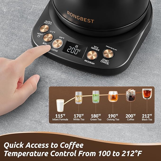 Electric Gooseneck Kettle, 1200W, 6 Temperature Settings, Stainless Steel Inner Lid & Bottom, 1L Quick Heating Pour Over Kettle for Coffee & Tea, Matte Black