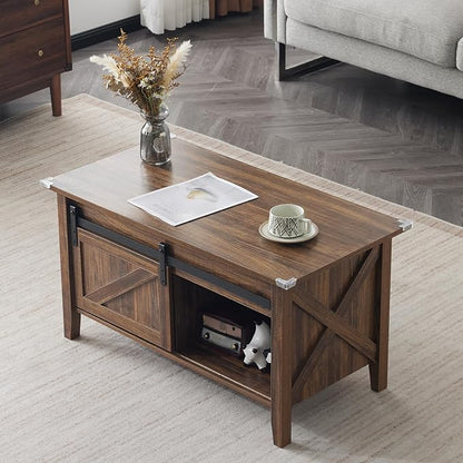 VINGLI Espresso Lift Top Coffee Table, 36" Small Farmhouse Barn Door Coffee Table with Storage, Rectangular Center Wood Coffe Table with Lifting Top, Lift Up Living Room Tables with Hidden Compartment