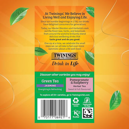 Twinings Green Tea with Pomegranate, Raspberry, & Strawberry Individually Wrapped Bags, 20 Count (Pack of 1), Caffeinated, Enjoy Hot or Iced, 20 Teabags