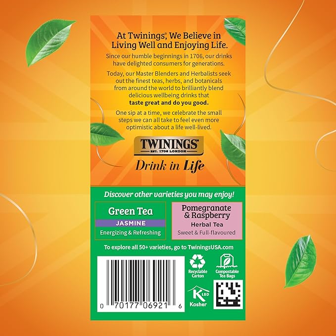 Twinings Green Tea with Pomegranate, Raspberry, & Strawberry Individually Wrapped Bags, 20 Count (Pack of 6), Caffeinated, Enjoy Hot or Iced, 120 Teabags