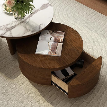 Lartis Coffee Table Set 2 - Walnut Coffee Table with Drawer and Stools - Marble Circular Stone Tabletop Modern Design Round Coffee Table for Living Room