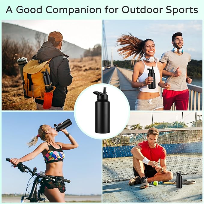 DOMICARE 32 oz Insulated Water Bottle, Vacuum Insulated Stainless Steel Sports Water Bottle with Straw Lid & Spout Lid, Leakproof, Reusable - Travel, Camping, Bike, Black