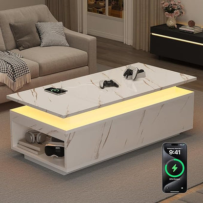 LED Coffee Table, 47.2" Coffee Tables for Living Room with Wireless Charging & Bluetooth Speaker, Smart Center Table for Living Room with Storage, White Marble Tables