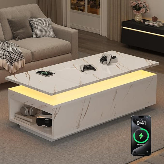 LED Coffee Table, 47.2" Coffee Tables for Living Room with Wireless Charging & Bluetooth Speaker, Smart Center Table for Living Room with Storage, White Marble Tables