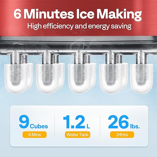 VIVOHOME Countertop Ice Maker 26lbs/Day 9 Ice Cubes in 6 Mins Ice Maker Machine with Hand Scoop and Self Cleaning Ice Cube Maker Red
