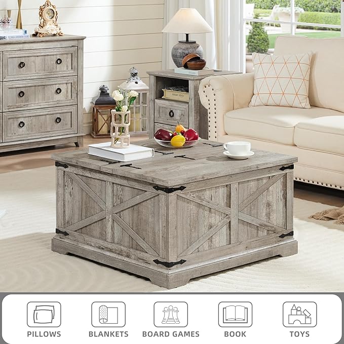 Farmhouse Coffee Table with Large Hidden Storage Compartment, Light Oak Square Center Table, Wood Rustic Low Modern Living Room Tables with Hinged Lift Brown Top & Wooden Arc Base