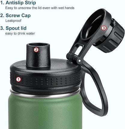 koodee 12 oz Water Bottle Stainless Steel Vacuum Insulated Wide Mouth Water Flask with Leakproof Spout Lid, Reusable Metal Water Bottle for Boys BPA Free(Grass Green)