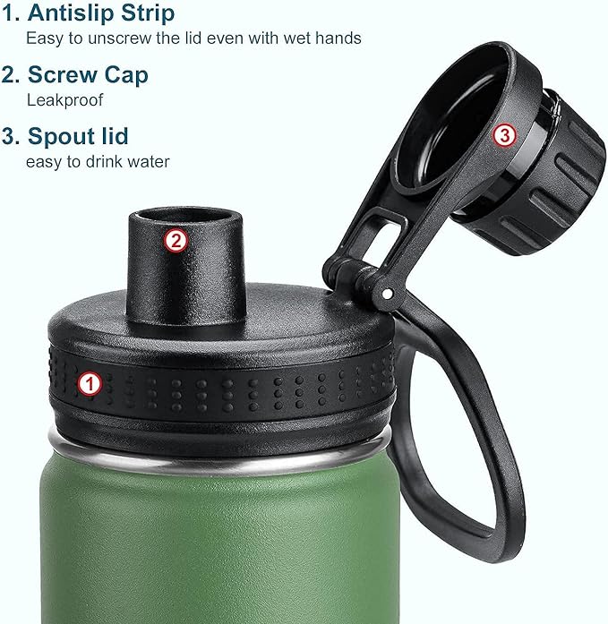 koodee 12 oz Water Bottle Stainless Steel Vacuum Insulated Wide Mouth Water Flask with Leakproof Spout Lid, Reusable Metal Water Bottle for Boys BPA Free(Grass Green)