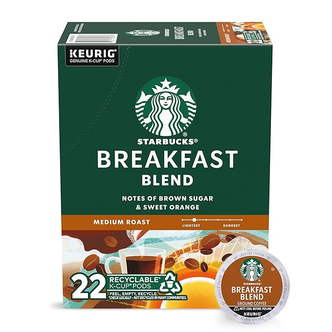 Starbucks K-Cup Coffee Pods, Medium Roast Coffee, Breakfast Blend for Keurig Coffee Makers, 100% Arabica, 1 box (22 pods)