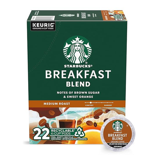 Starbucks K-Cup Coffee Pods, Medium Roast Coffee, Breakfast Blend for Keurig Coffee Makers, 100% Arabica, 1 box (22 pods)