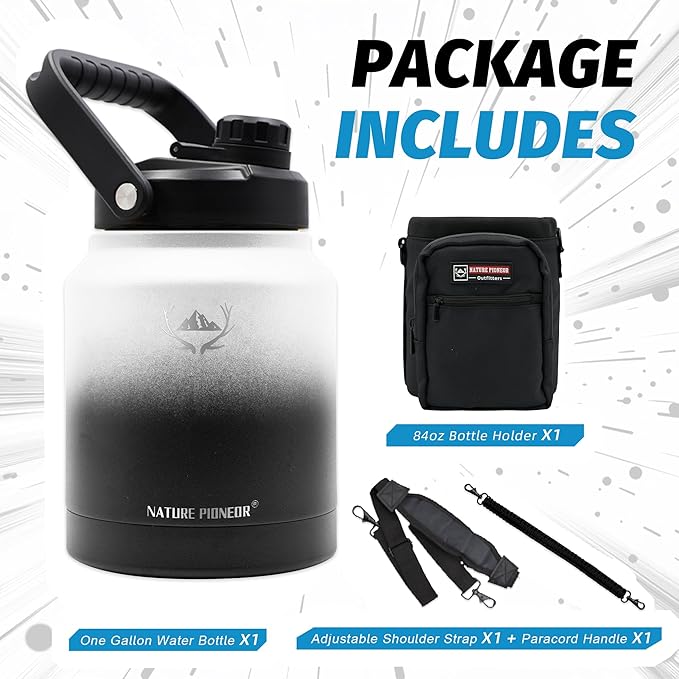 NATURE PIONEOR Insulated Water Bottles with Strap Pouch - 84 oz Stainless Steel Vacuum Bottle with Holder/Carrier/Sleeve - 18/8 Food Grade 84oz Water Jug
