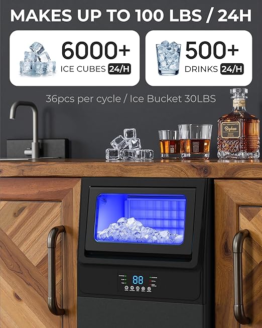 Commercial Ice Maker Machine 𝟏𝟎𝟎𝐋𝐁𝐒/𝐃𝐚𝐲, Undercounter Ice Makers 𝟑𝟎𝐋𝐁𝐒 Storage Bin and 𝟑𝟔 Ice Trays, Icemaker Machine Double Water Inlet with Water Line, Ice Scoop
