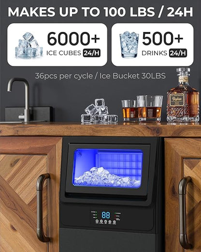 Commercial Ice Maker Machine 𝟏𝟎𝟎𝐋𝐁𝐒/𝐃𝐚𝐲 and 𝟑𝟎𝐋𝐁𝐒 Storage Bin, Undercounter Ice Makers and 𝟑𝟔 Ice Trays, Icemaker Machine Double Water Inlet with Water Line, Ice Scoop