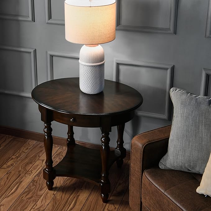 Solid Wood Oval End Table with Drawer and Storage Shelf, 28" Traditional Retro Side Table Polished Edging Sofa Table Bedside Nightstand for Living Room Bedroom Home, Vintage Walnut