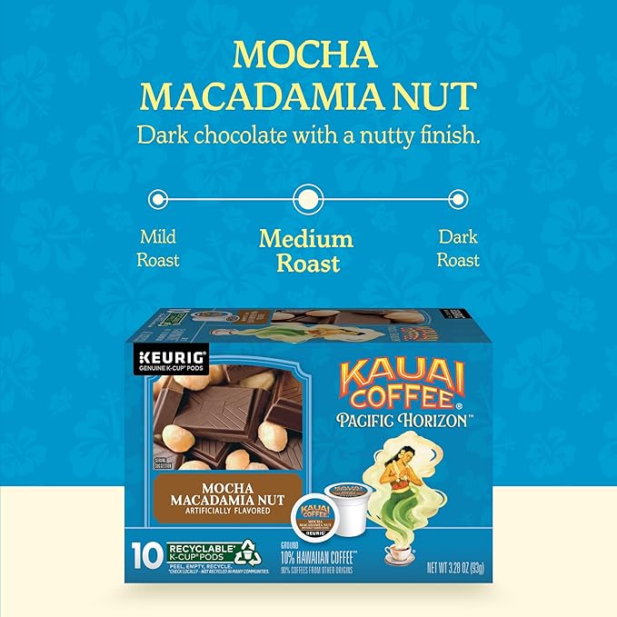 Kauai Coffee K-Cup Pods for Keurig Brewers – Arabica Coffee, 10% Hawaiian – Medium Roast, Savory and Chocolatey Aroma – Mocha Macadamia Nut, 1 Pack of 10 Single Serve K-Cups