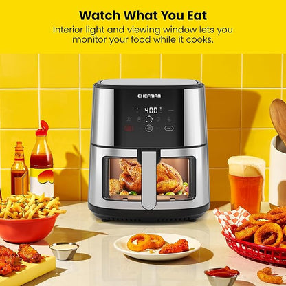 CHEFMAN Easy-View Air Fryer – 8 Qt Family Size with Viewing Window, One-Touch Digital Control with 4 Presets, Nonstick & Dishwasher Safe, Broil, Roast, Dehydrate, Bake, Auto-Shutoff, Stainless Steel