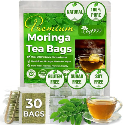 TOG999, Premium 30 Moringa Leaf Tea Bags, 100% Natural & Pure from Moringa Leaves. Loose Leaf Moringa Herbal Tea. Moringa Leaf Tea. No Sugar, No Caffeine, No Gluten, Vegan.