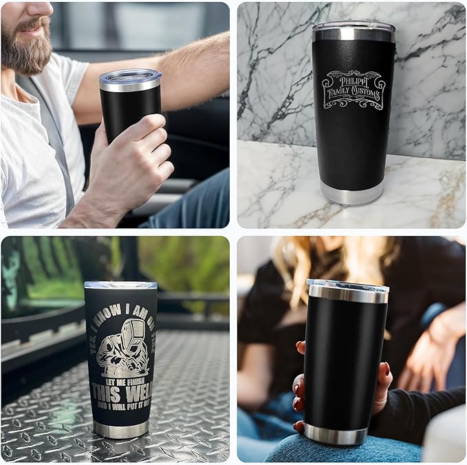 OMTech 20oz Tumblers Bulk, 12pc Stainless Steel Tumbler Set with Lid & Straw, Double Wall Vacuum Insulated Mug for Laser Engraver, Travel Coffee Mug for Hot & Cold Drinks, Black Powder Coated Cup